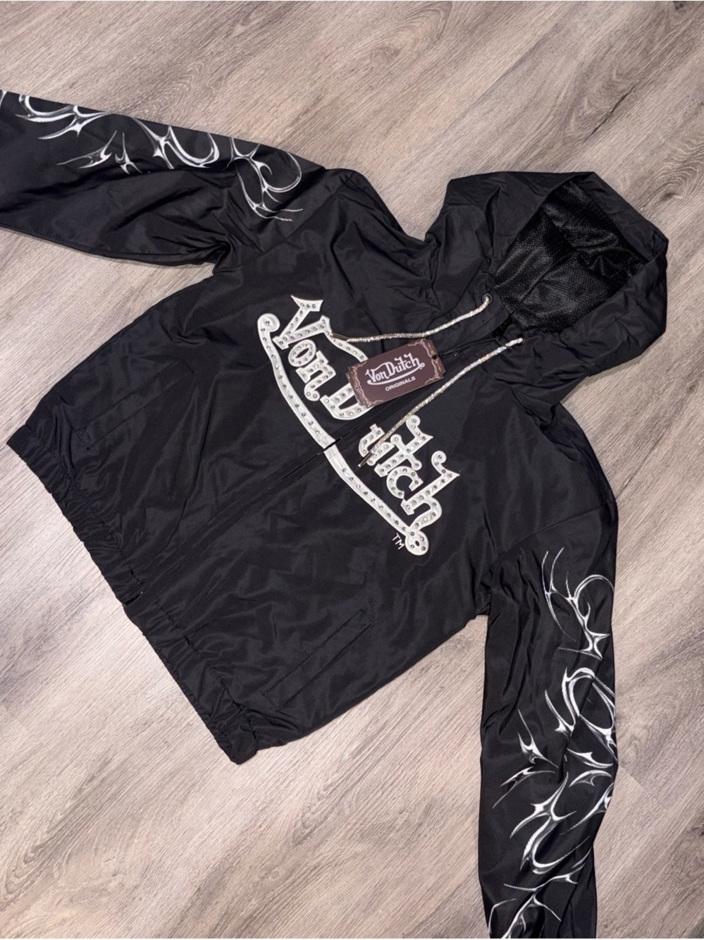 Von Dutch Black Hooded Bomber Jacket with White Graphic Accents